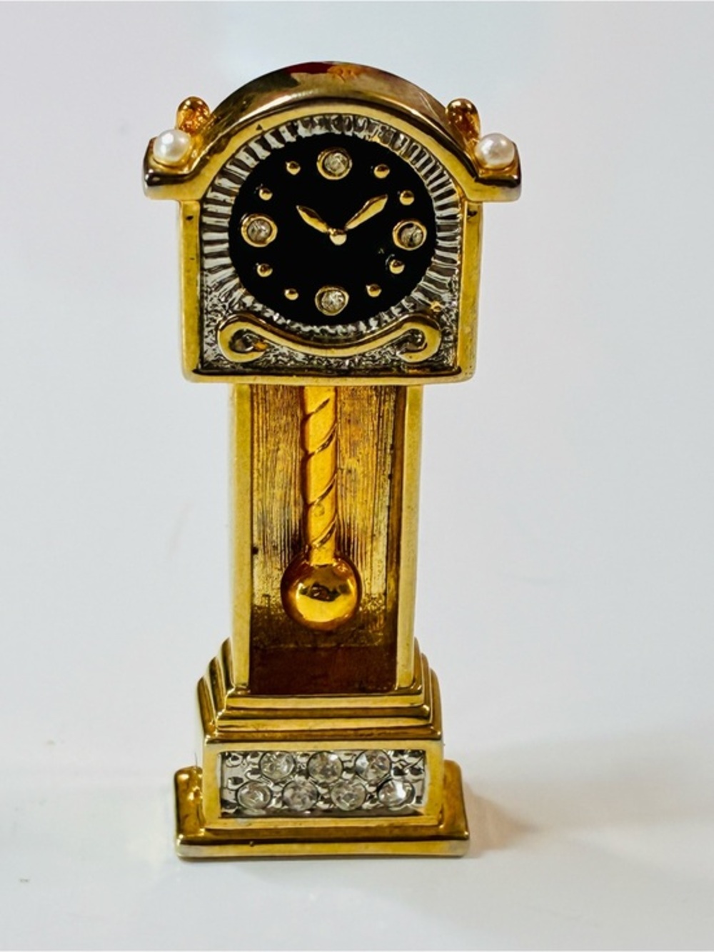 Articulated Gold Tone Grandfather Clock Brooch with Black Dial & Clear Crystals